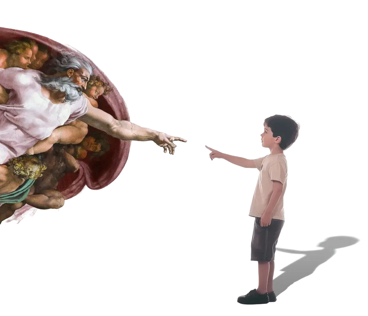 A reimagined version of Michelangelo's Creation of Adam, where God, instead of reaching to Adam, reaches outside of the painting to a curious kid.