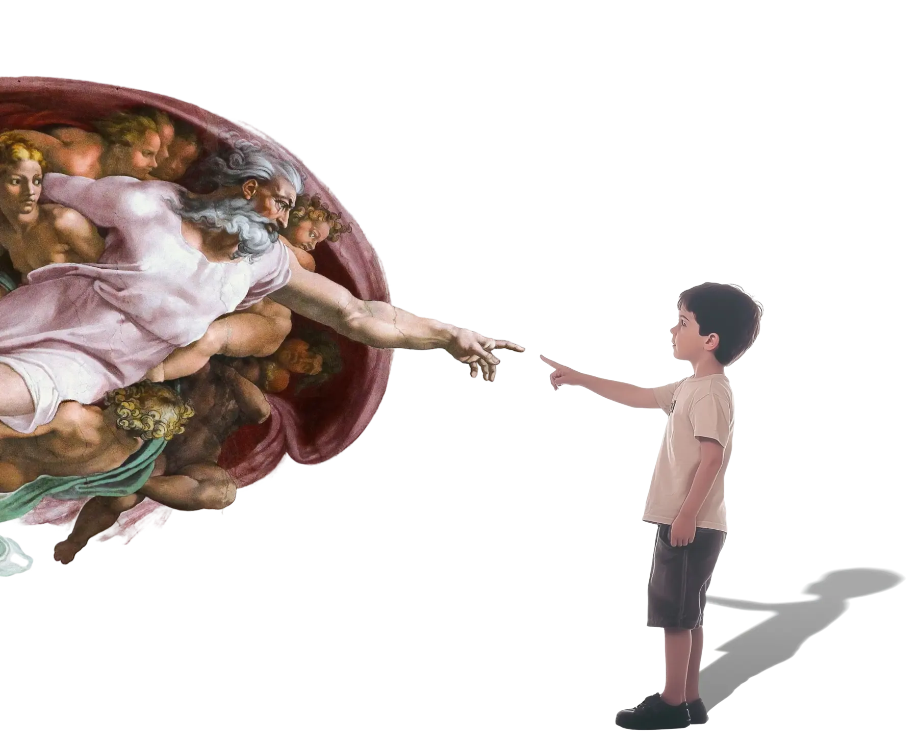 A reimagined version of Michelangelo's Creation of Adam, where God, instead of reaching to Adam, reaches outside of the painting to a curious kid.