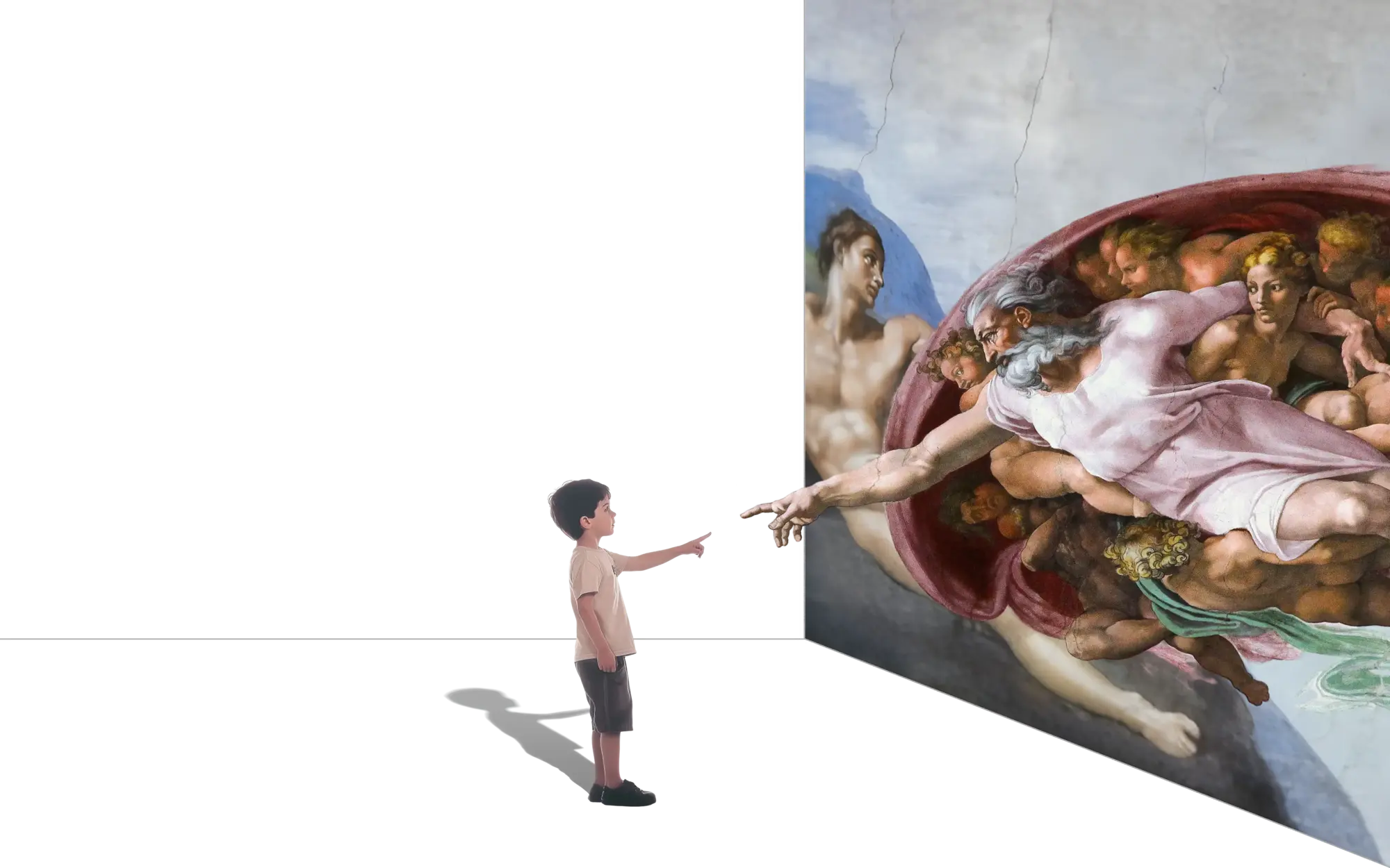 A reimagined version of Michelangelo's Creation of Adam, where God, instead of reaching to Adam, reaches outside of the painting to a curious kid.